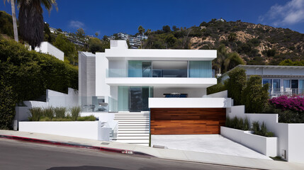 Modern residential architecture with clean lines, bathed in neutral tones under daylight.