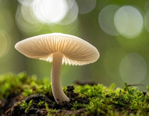 A single white mushroom glowing with backlight on a mossy forest floor with bokeh.