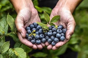 Close-up of two hands holding fresh ripe black grapes with green leaves in a natural outdoor environment