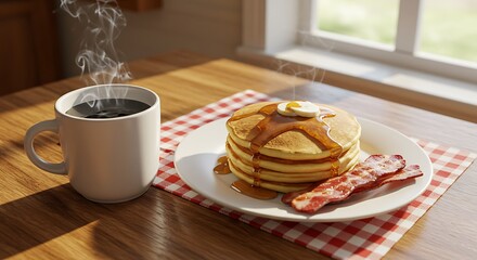 Steaming Coffee and Stacked Pancakes with Bacon, Breakfast Scene, Sunny Morning.