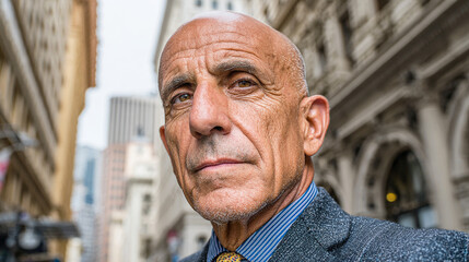 Wrinkled skin shows character, set against blurred buildings, used for portraiture or personal branding.