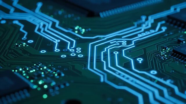 Seamlessly looping video of a high-tech circuit board energy flow, with luminous pathways swirling looping, futuristic, data