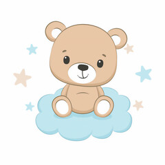 Adorable cartoon teddy bear sitting peacefully on a fluffy blue cloud surrounded by twinkling stars in a whimsical celestial scene perfect for children's decor and nursery art	