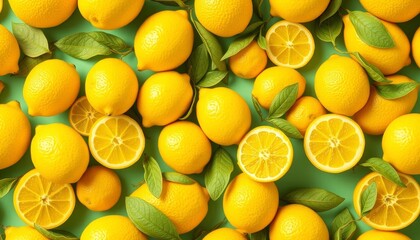 Vibrant yellow lemons, seamlessly repeating in a cheerful pattern,  fresh,  background
