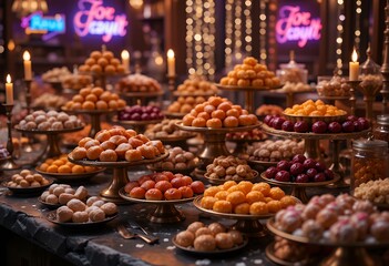A festive display of assorted colorful traditional sweets arranged on elegant trays with warm