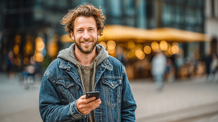 Smiling man holds a smartphone outdoors. Natural lighting enhances the modern, casual style for social media or lifestyle content.