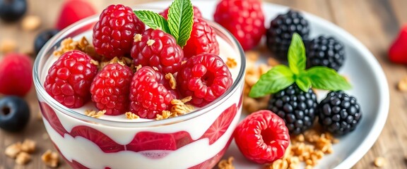Vibrant yogurt parfait with raspberries, blackberries, granola & mint,  antioxidant,   colorful
