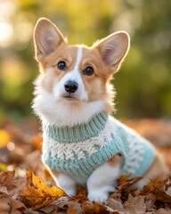 Autumn Dog Lifestyle Photography Featuring Smiling Shiba Inu and Corgi in Cozy Sweaters, Pumpkin Hats, and Playful Fall Outdoor Scenes – Cute Corgi Puppy Wearing Cozy Sweater in Autumn Leaves