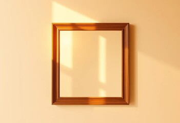 Warm sunlight glints off a simple wooden frame against a beige wall, wooden frame,  empty