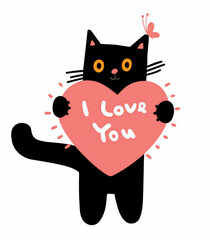 A Whimsical Black Cat Holding a Heart Shaped Sign That Reads I Love You With a Butterfly on Its Head	