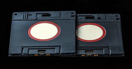 Two black square floppy disks with red and white circular labels lying next to each other on a black background