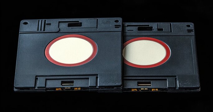 Two black square floppy disks with red and white circular labels lying next to each other on a black background