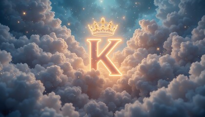 glowing letter k with crown floating majestically among soft clouds at twilight sky
