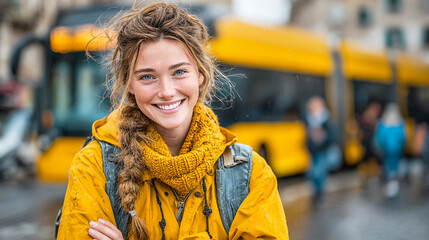 Bright Yellow portrait shows freckled woman smiling. Authentic, real-life lifestyle for travel content, fashion ads, or travel blogs.