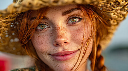 Red hair girl with freckles wearing a straw hat is smiling. Close-up product photography, branding, and social media.