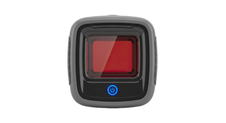 Gray square device with red display and power button