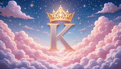 majestic golden letter k with an ornate crown floating above soft pink clouds under a starry