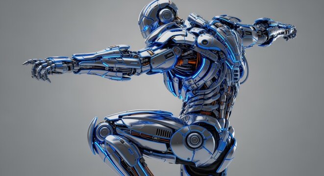 Futuristic Cyborg Warrior in a Dynamic Action Pose
