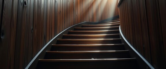 Worn wooden staircase curves gracefully upward, sunlight illuminating dust motes,  curve,   stairwell