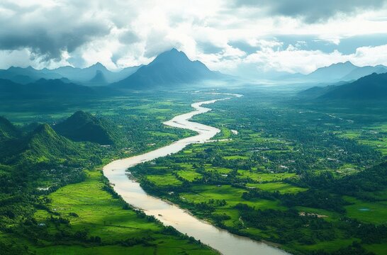Wide aerial view of a winding river flowing through a lush green valley with scattered small settlements and dramatic cloudy skies over distant mountains