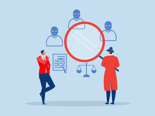 curiosity guy detective holding huge magnifying glass and thinking about evidence and result.Search, discover, analyze report , curiosity guy detective vector