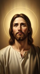Obraz premium A detailed portrait of Jesus Christ, featuring a serene expression and golden halo, bathed in soft, warm light.