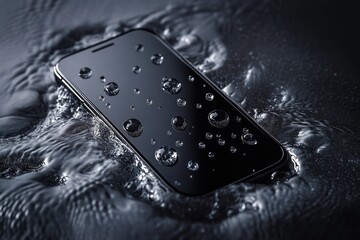 Black smartphone submerged in water with droplets on the screen, illustrating waterproof feature and resilience amid liquid environment