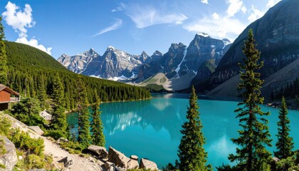 Mountain Lake Landscape with Cabin and Evergreens