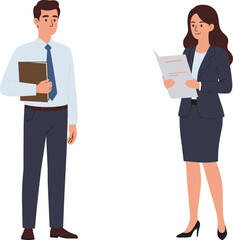 Business meeting illustration, professional attire, vector people with documents, office interaction, flat design, corporate, teamwork, formal, minimal, report