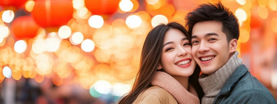 Happy Young Couple Smiling Together in Festive Lantern Background
