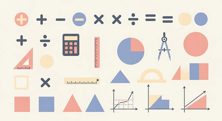 Flat lay illustration featuring mathematical symbols, geometric shapes, calculator, ruler, compass, and various graphs on a textured background.