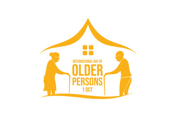 Vector illustration for International Day of Older Persons, October 1, featuring elderly man and woman with walking sticks under a symbolic house roof.