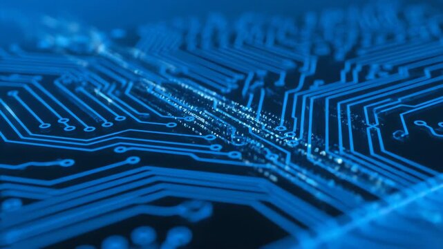Seamlessly looping video of an abstract neon circuit board with glowing data lines flowing tech, futuristic, bright