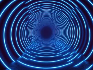 A futuristic tunnel illuminated by concentric blue neon rings creating a sense of depth and infinity with glowing curved lines and a dark center