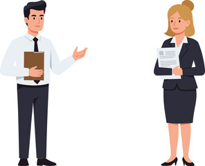 Business professionals illustration, office interaction, vector people with documents, formal attire, presentation concept, flat design, corporate, teamwork, discussion, minimal