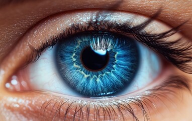 Fototapeta premium Extreme close-up of a vibrant blue human eye with detailed iris patterns and long eyelashes showing sharp texture and natural skin around the eye