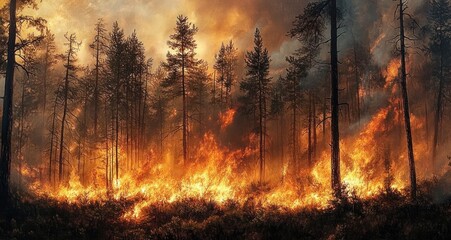 Intense forest fire burning tall trees with thick smoke filling the sky, creating a dramatic and destructive natural scene