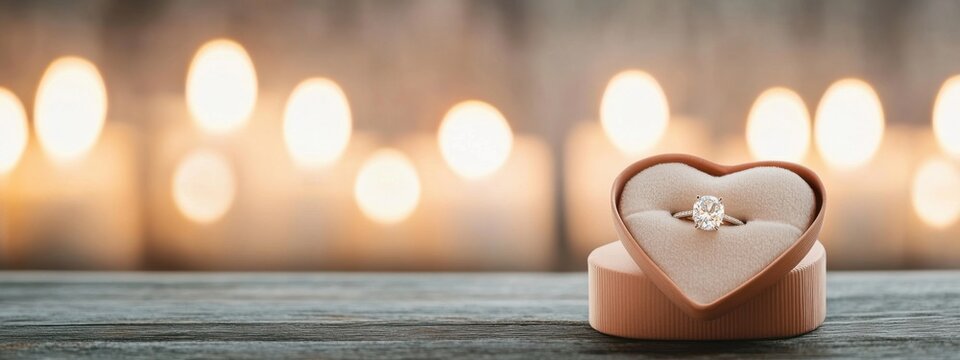 Heart-shaped jewelry box with diamond ring and soft bokeh background