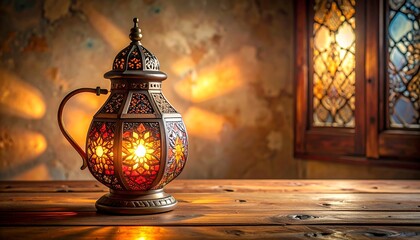 Ornate Lantern Illuminates a Rustic Tabletop