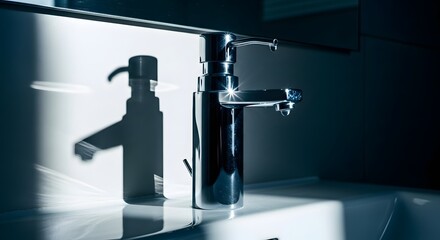 Modern Chrome Faucet with Dramatic Shadow on Countertop.