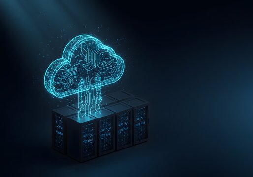 Photo of abstract digital cloud formed by glowing blue particles and circuits, emerging from a server rack, symbolizing cloud computing and data management in a dark, technological setting