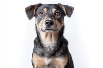 Obraz premium close-up portrait of attentive black and tan dog with brown eyes against white background