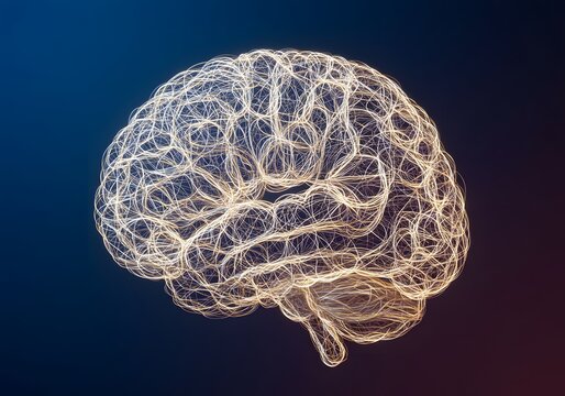 Photo of a luminous, wireframe representation of a human brain, composed of interconnected glowing nodes and lines, suggesting thought, intelligence, and neural networks