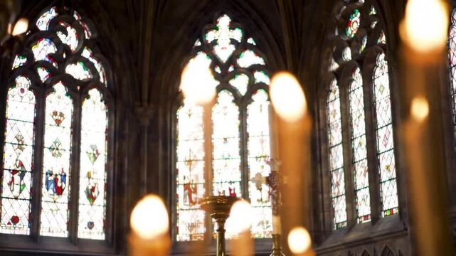 Sunlight illuminates the intricate stained-glass windows of a historic cathedral, viewed past the soft glow of blurred candles.