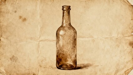 It is a drawing of a glass bottle on an aged, wrinkled paper background, suitable for use in vintage - style design, art illustration, and historical theme - related fields.