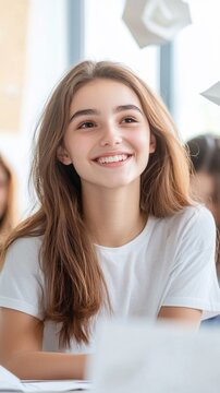 Joyful Young Woman Smiling in Bright Classroom Setting