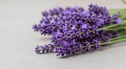 A Bunch of Fresh Lavender Sprigs on a Light Textured Surface.