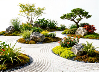 Fototapeta premium A tranquil Japanese garden with vibrant plants and rocks, featuring winding paths of raked white gravel against a pure white background.