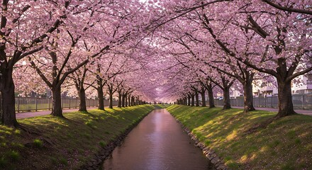 Fototapeta premium Vibrant Pink Sakura Tunnel Arching Over Serene Canal Path Bathed in Golden Spring Sunlight.