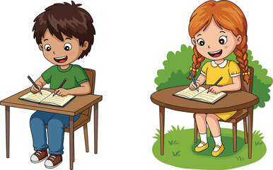 Children writing illustration, outdoor and indoor desks, vector kids with notebooks, educational theme, flat design, learning, focused, casual, minimal